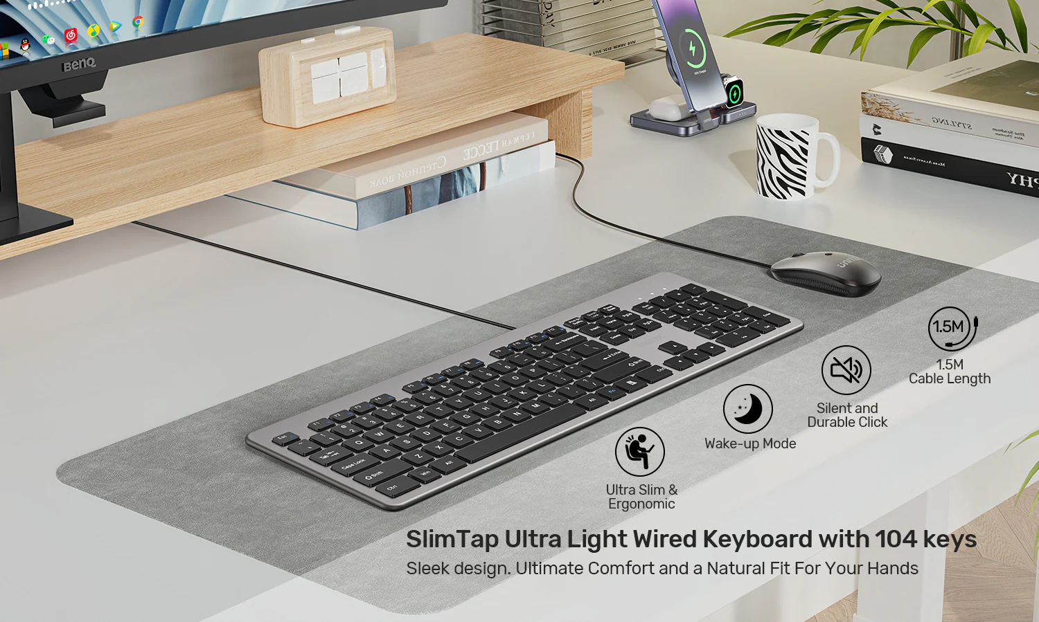 UNITEK SlimTap Ultra Light Wired Keyboard, 104 Keys, Ultra-Slim 18.4mm Profile, Silent Scissor-Switch Keys