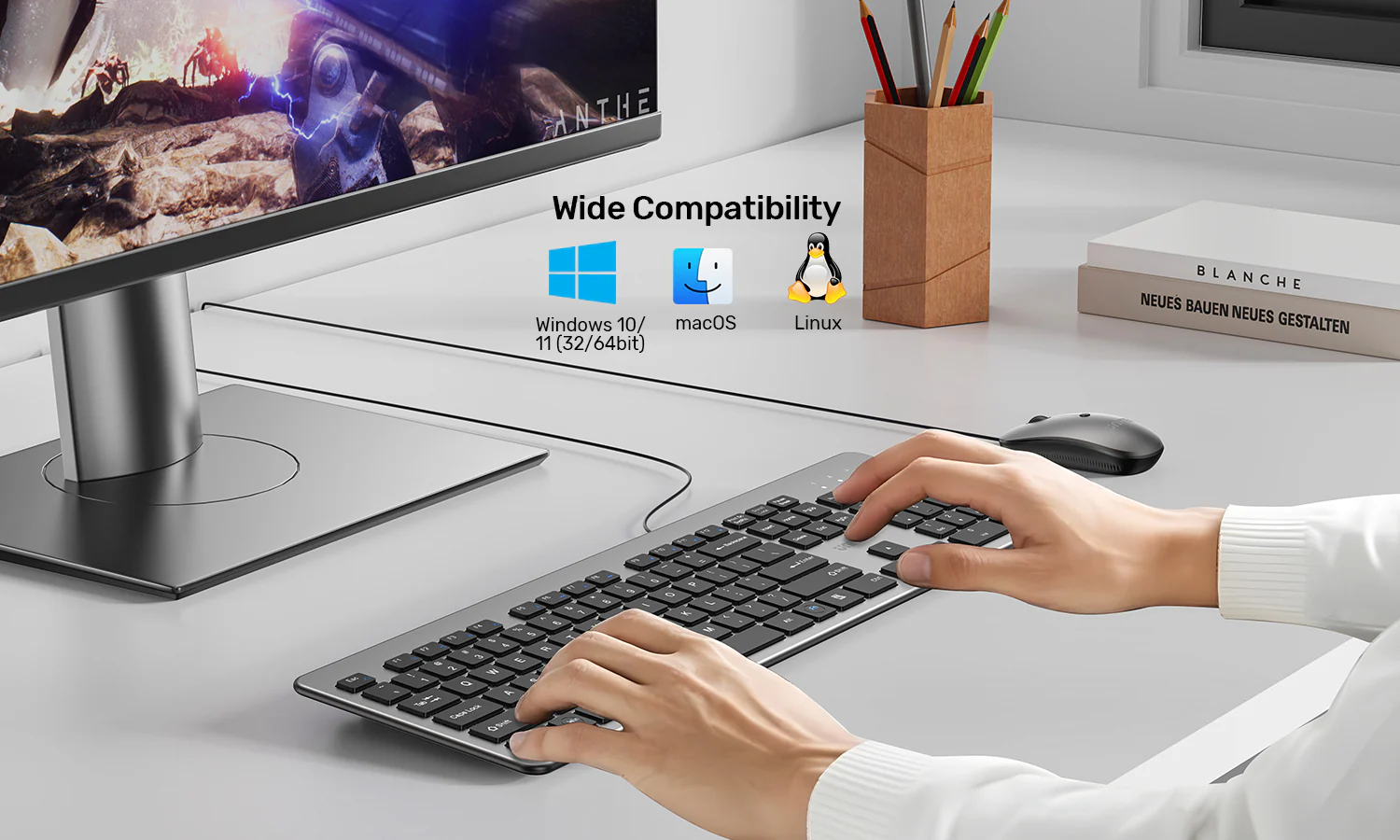 UNITEK SlimTap Ultra Light Wired Keyboard, 104 Keys, Ultra-Slim 18.4mm Profile, Silent Scissor-Switch Keys