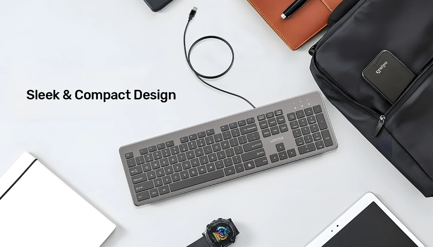 UNITEK SlimTap Ultra Light Wired Keyboard, 104 Keys, Ultra-Slim 18.4mm Profile, Silent Scissor-Switch Keys