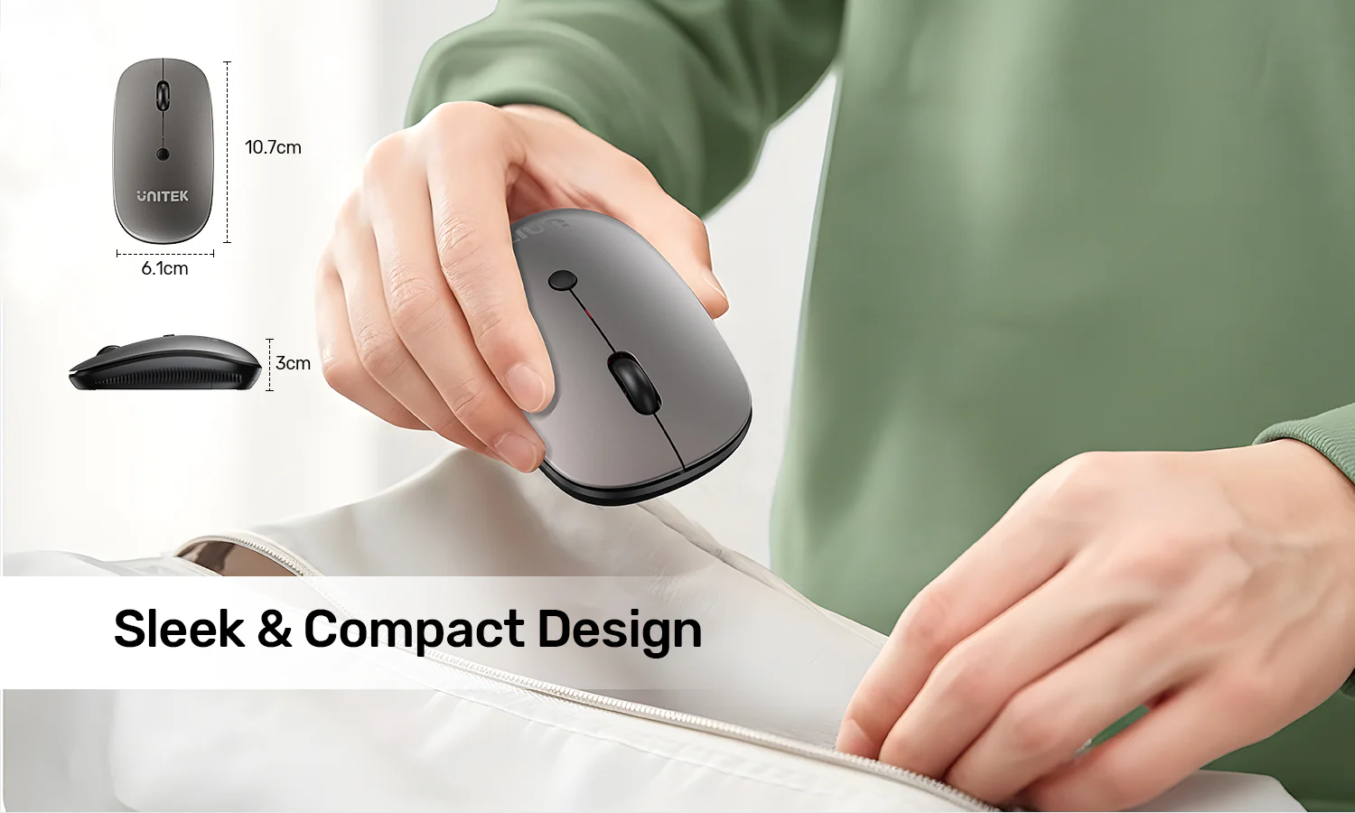 UNITEK SlimTrack 2.4GHz Wireless Optical Mouse (Gray)1600 DPI Precision, Slim Ergonomic Design with Multi-Functional Scroll Wheel