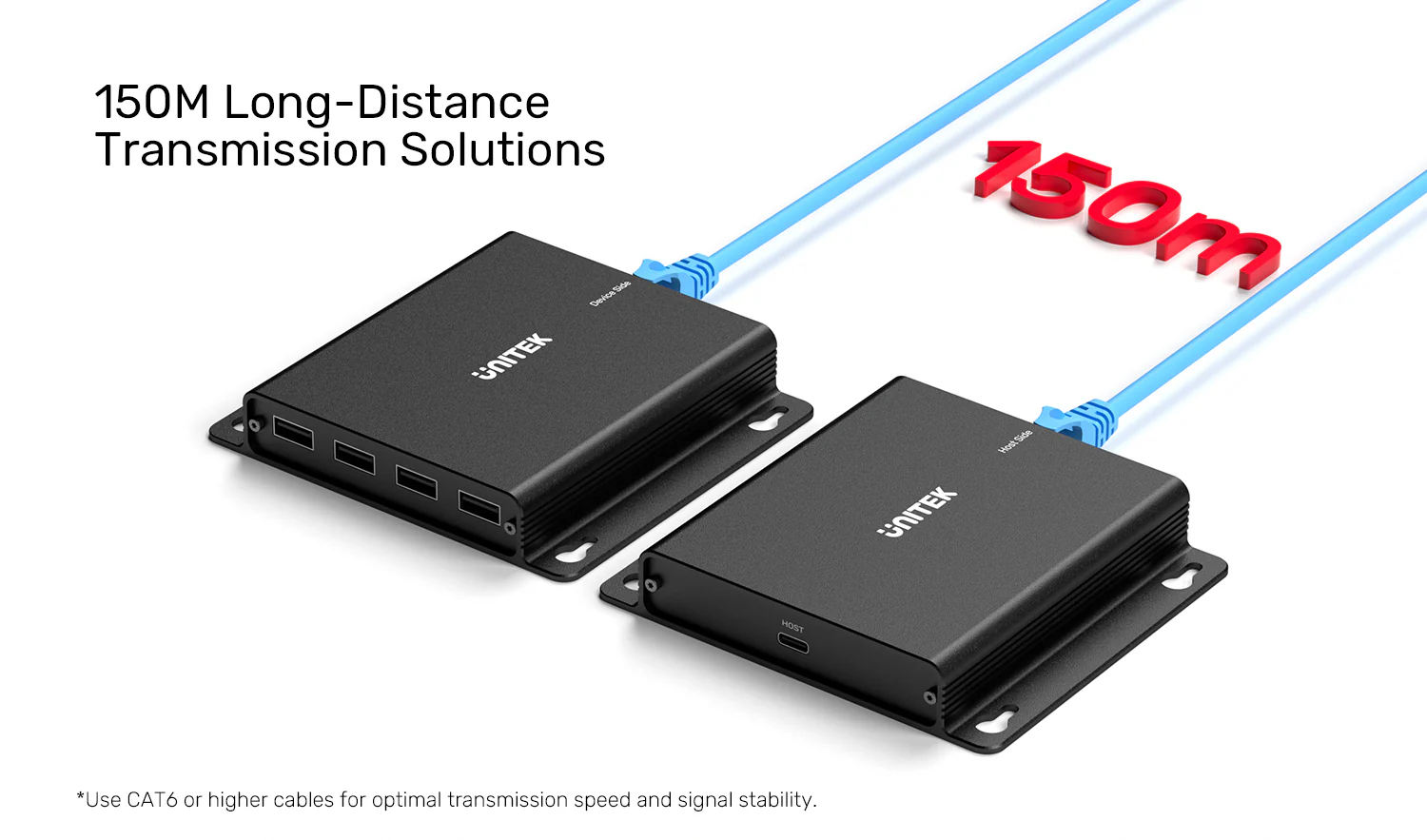 UNITEK 150M USB Extender Over Ethernet with 4-Port Hub, POC Over Cat6 Up to 150 Meters, 480Mbps High-Speed Data Transfer