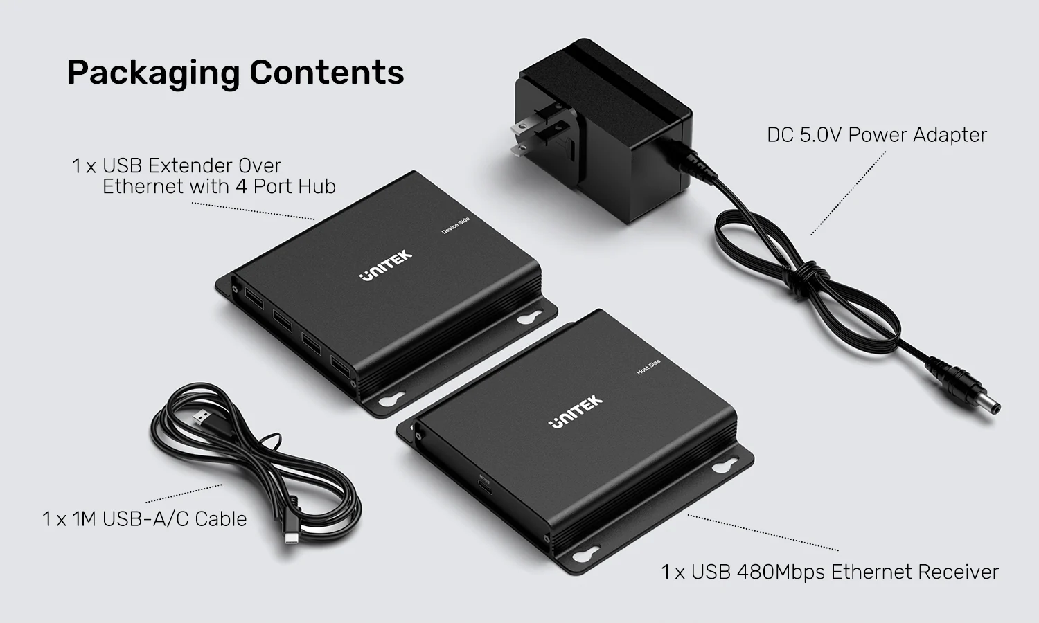 UNITEK 150M USB Extender Over Ethernet with 4-Port Hub, POC Over Cat6 Up to 150 Meters, 480Mbps High-Speed Data Transfer