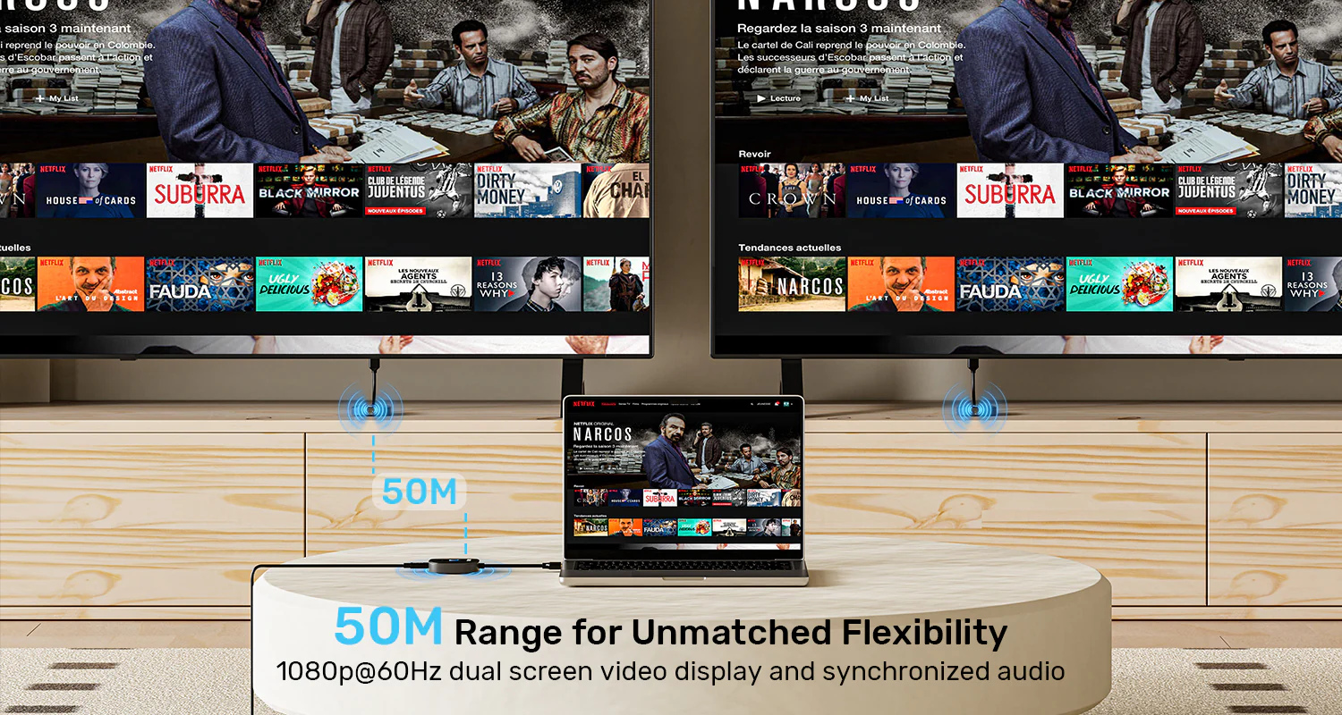 UNITEK Wireless 1080p HDMI Transmitter with Dual Receivers, 50m Range, Plug-and-Play, 2x 1080p@60Hz Output