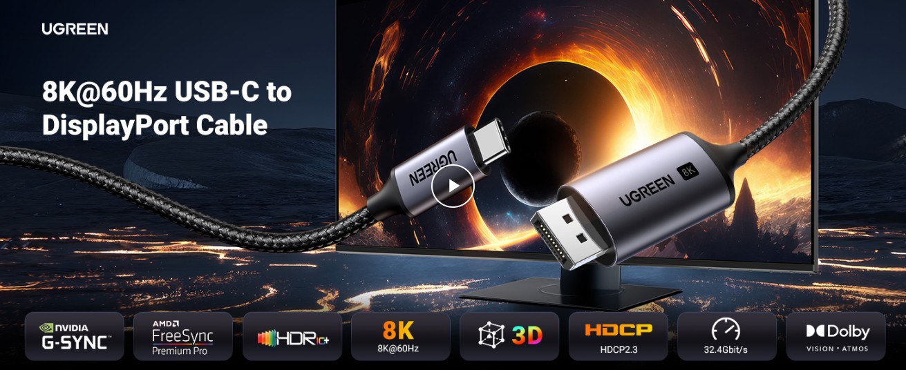 UGREEN 25839 USB C to DisplayPort 1.4 Cable 8K@60Hz 4K@240Hz Unidirectional Thunderbolt 4/3 to DisplayPort Cord, 32.4Gbps HDR DSC MST