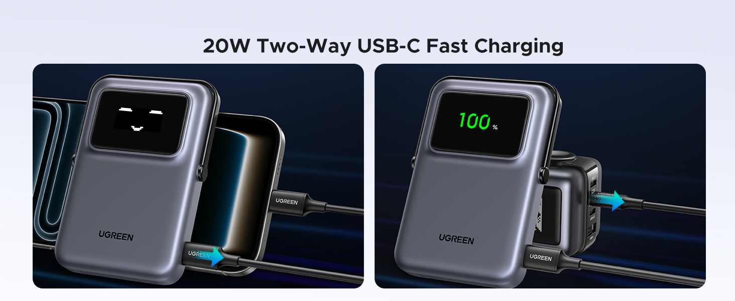 UGREEN 45327 Uno 10000mAh Magnetic Power Bank, PD 20W USB C Battery Pack with Foldable Stand and TFT Display