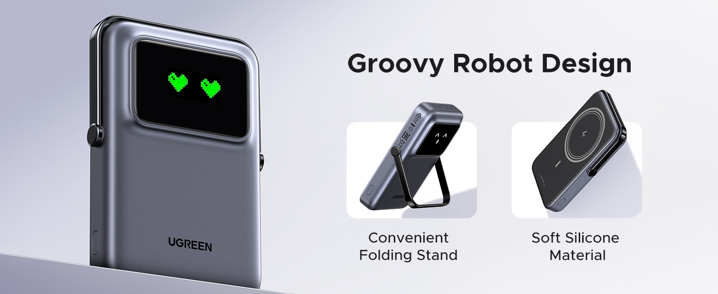 UGREEN 45327 Uno 10000mAh Magnetic Power Bank, PD 20W USB C Battery Pack with Foldable Stand and TFT Display