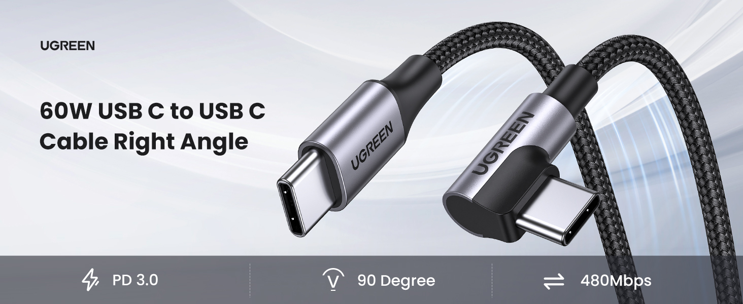 UGREEN 50125 Right Angle 90 Degree 60W USB C Cable (2 Meter) for iPhone 17/16/15, MacBook Pro/Air, iPad Pro/Air/Mini, Samsung Galaxy S26/S25/S24