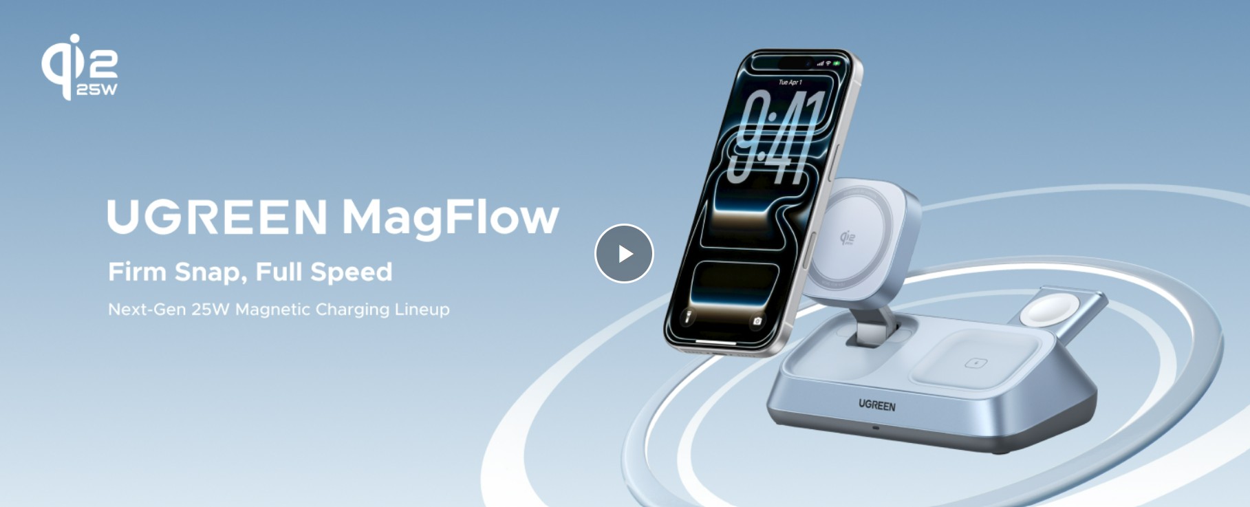UGREEN 55676 25W Qi2 Certified 3-in-1 MagFlow Wireless Charging Stand for iPhone 17/16/15/14/13/12, AirPods and Apple Watch