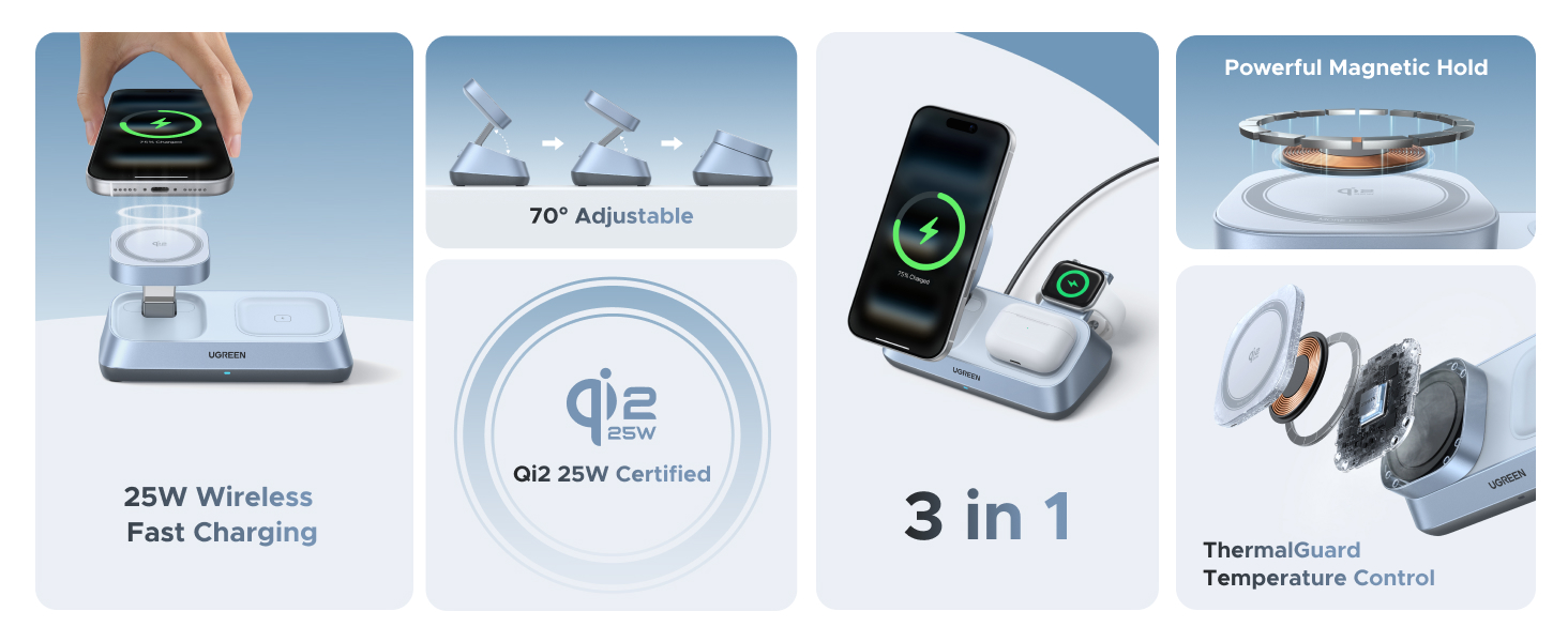 UGREEN 55676 25W Qi2 Certified 3-in-1 MagFlow Wireless Charging Stand for iPhone 17/16/15/14/13/12, AirPods and Apple Watch