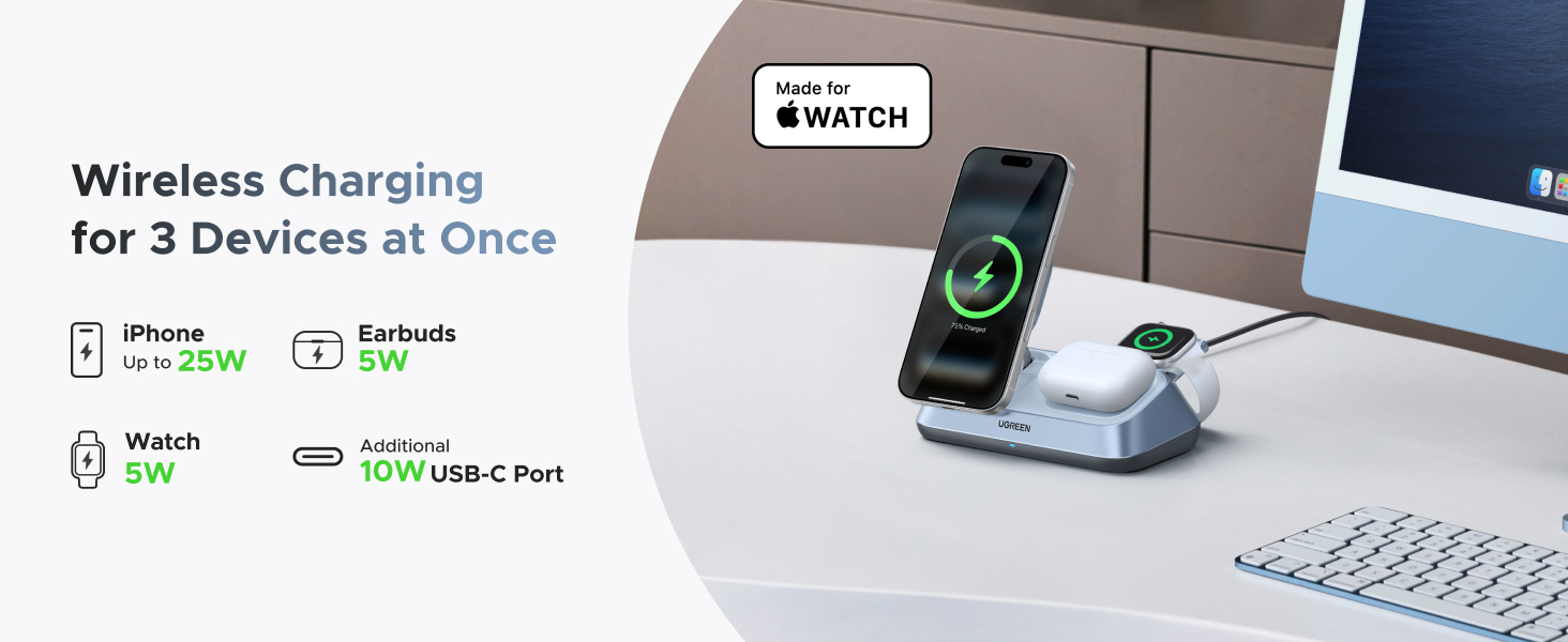 UGREEN 55676 25W Qi2 Certified 3-in-1 MagFlow Wireless Charging Stand for iPhone 17/16/15/14/13/12, AirPods and Apple Watch