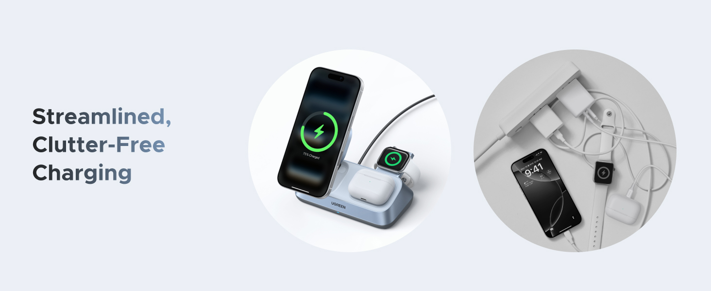 UGREEN 55676 25W Qi2 Certified 3-in-1 MagFlow Wireless Charging Stand for iPhone 17/16/15/14/13/12, AirPods and Apple Watch