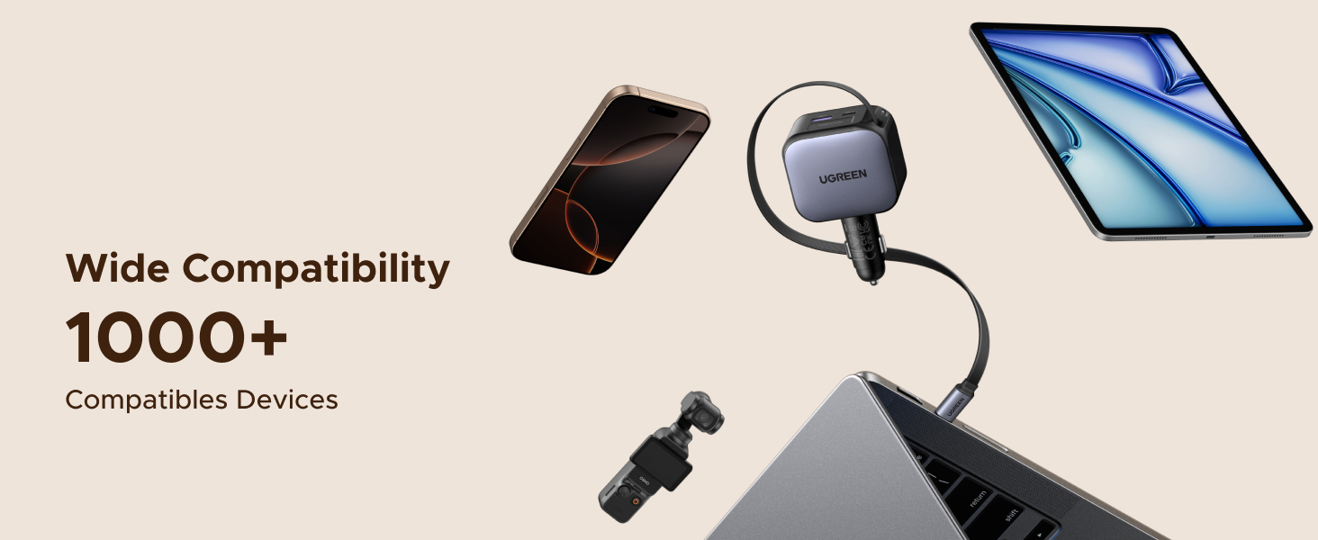 UGREEN 55909B 90W Retractable Car Charger Retractable Built-in USB C Cable Compatible with MacBook, iPhone 17/16/15 Pro Max