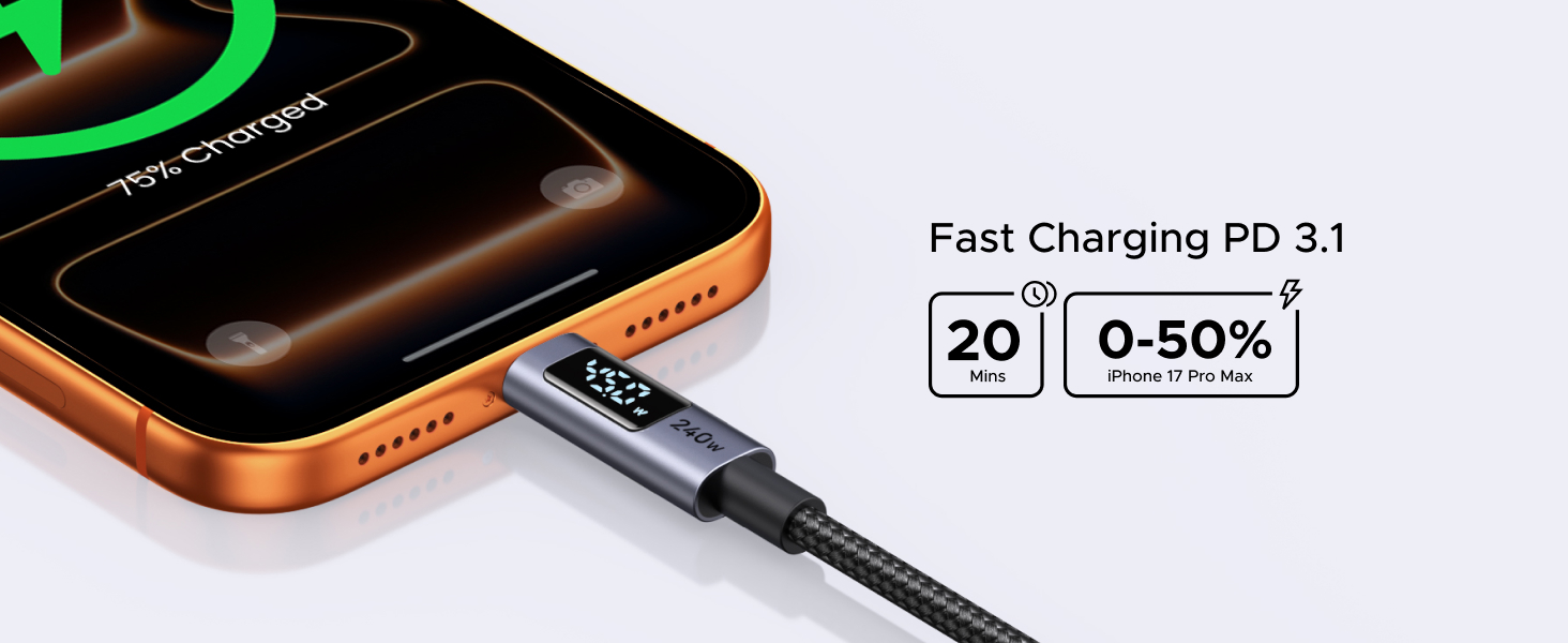 UGREEN 65867 240W USB C to USB-C Cable with Digital Display (2 Meters) PD 3.1 Type C Fast Charging, Nylon Braided, E-marker Chip