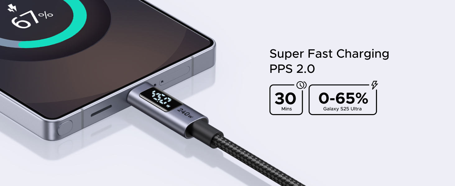 UGREEN 65867 240W USB C to USB-C Cable with Digital Display (2 Meters) PD 3.1 Type C Fast Charging, Nylon Braided, E-marker Chip
