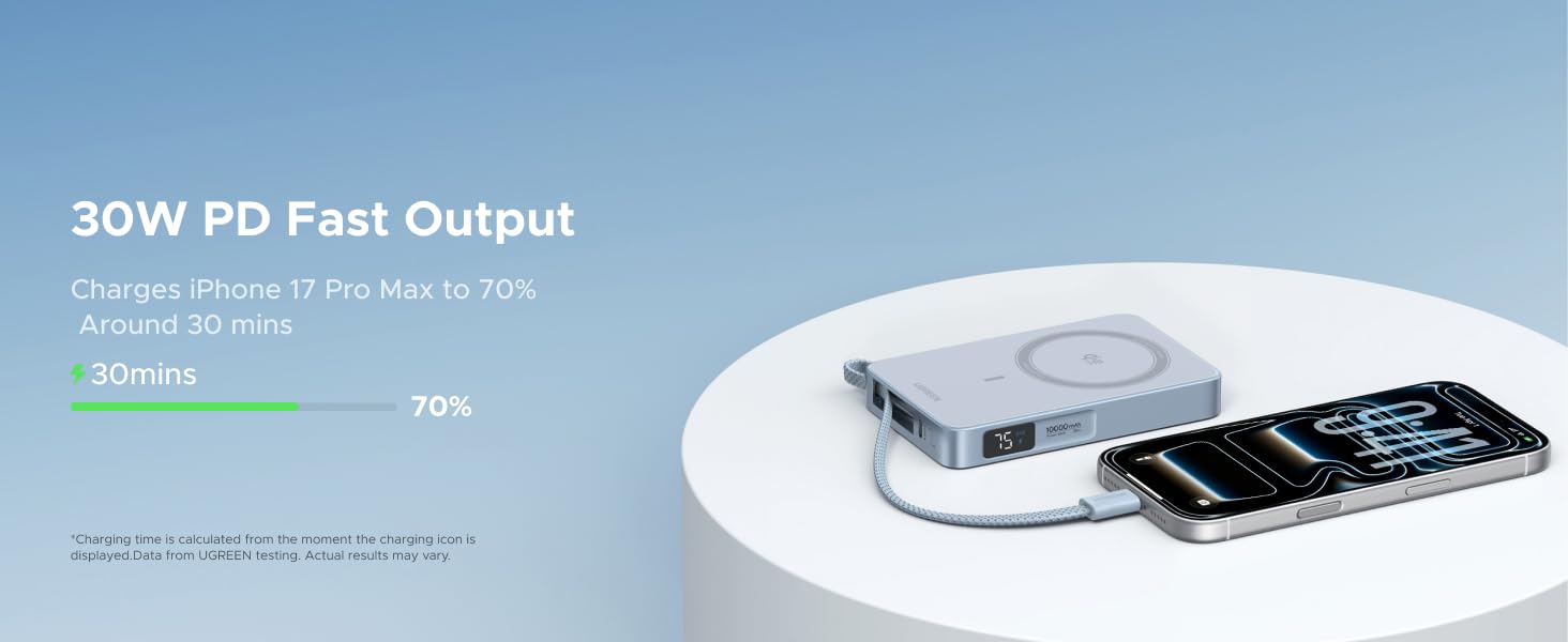 UGREEN 65958 MagFlow 10000mAh Qi2 Certified 25W Fast Wireless Magnetic Power Bank, 30W USB-C Battery Pack for iPhone 17 Pro Max/16/15/14/13/12