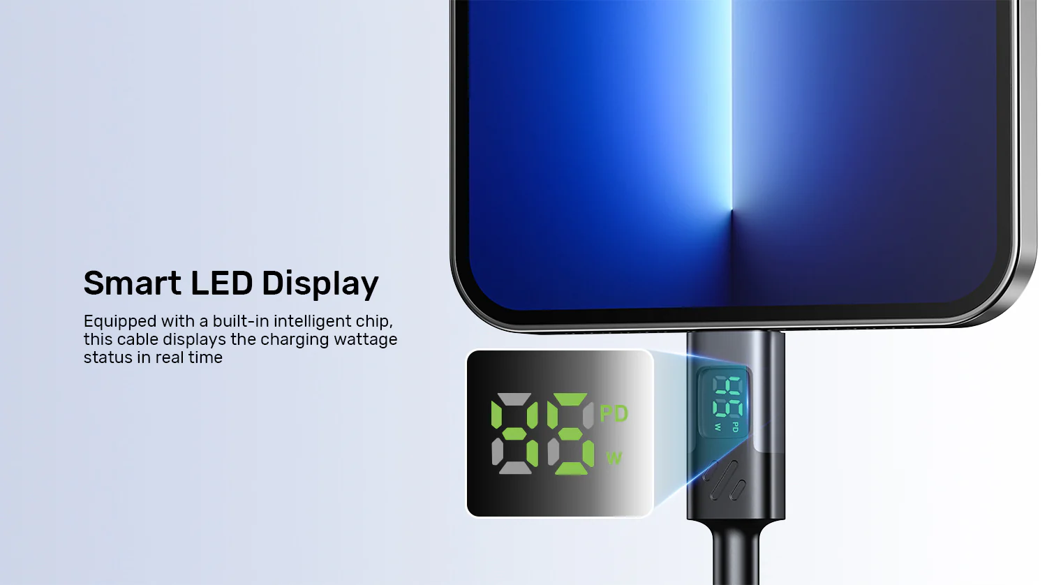 UNITEK PD 60W USB-C Charging Cable with Smart LED Display (1 Meter) Nylon Braided, E-Marker Chip, for iPhone 17/16/15