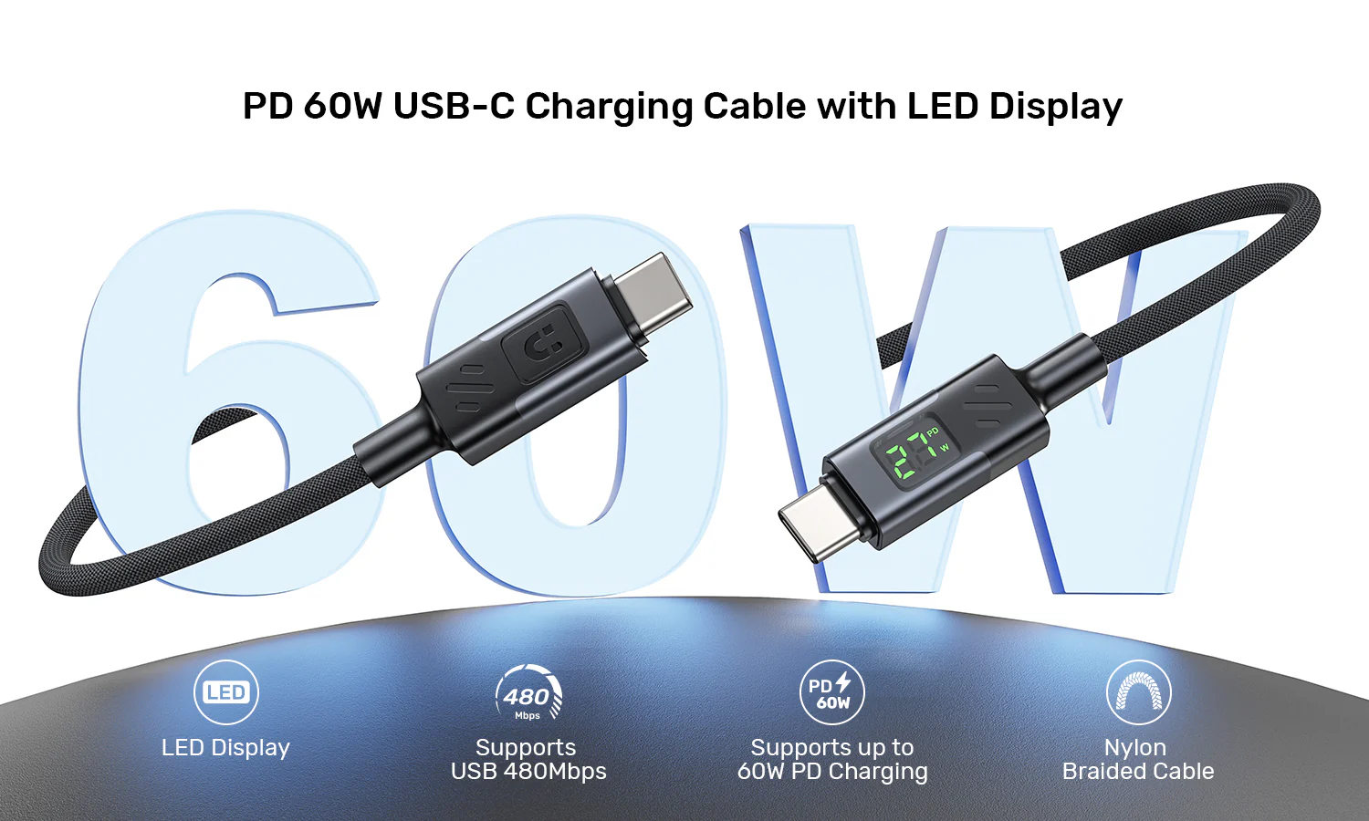 UNITEK PD 60W USB-C Charging Cable with Smart LED Display (1 Meter) Nylon Braided, E-Marker Chip, for iPhone 17/16/15