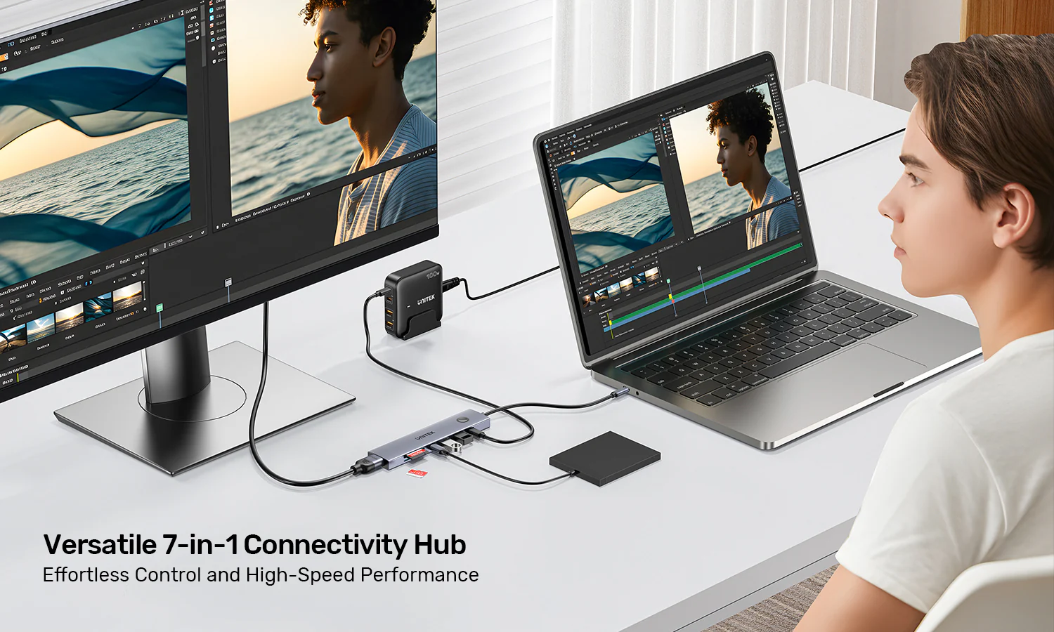 UNITEK uHUB S7 Pro 7-in-1 5Gbps USB-C Hub with Screen On/Off Button, 4K@60Hz HDMI HDR, 100W PD Charging, 5Gbps Data Ports, Dual SD/microSD Card Readers