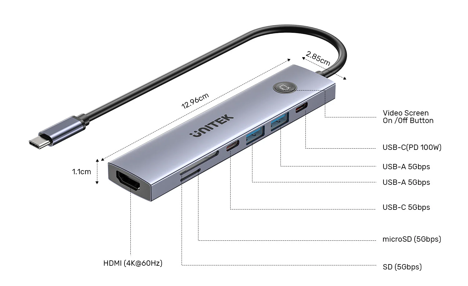 UNITEK uHUB S7 Pro 7-in-1 5Gbps USB-C Hub with Screen On/Off Button, 4K@60Hz HDMI HDR, 100W PD Charging, 5Gbps Data Ports, Dual SD/microSD Card Readers