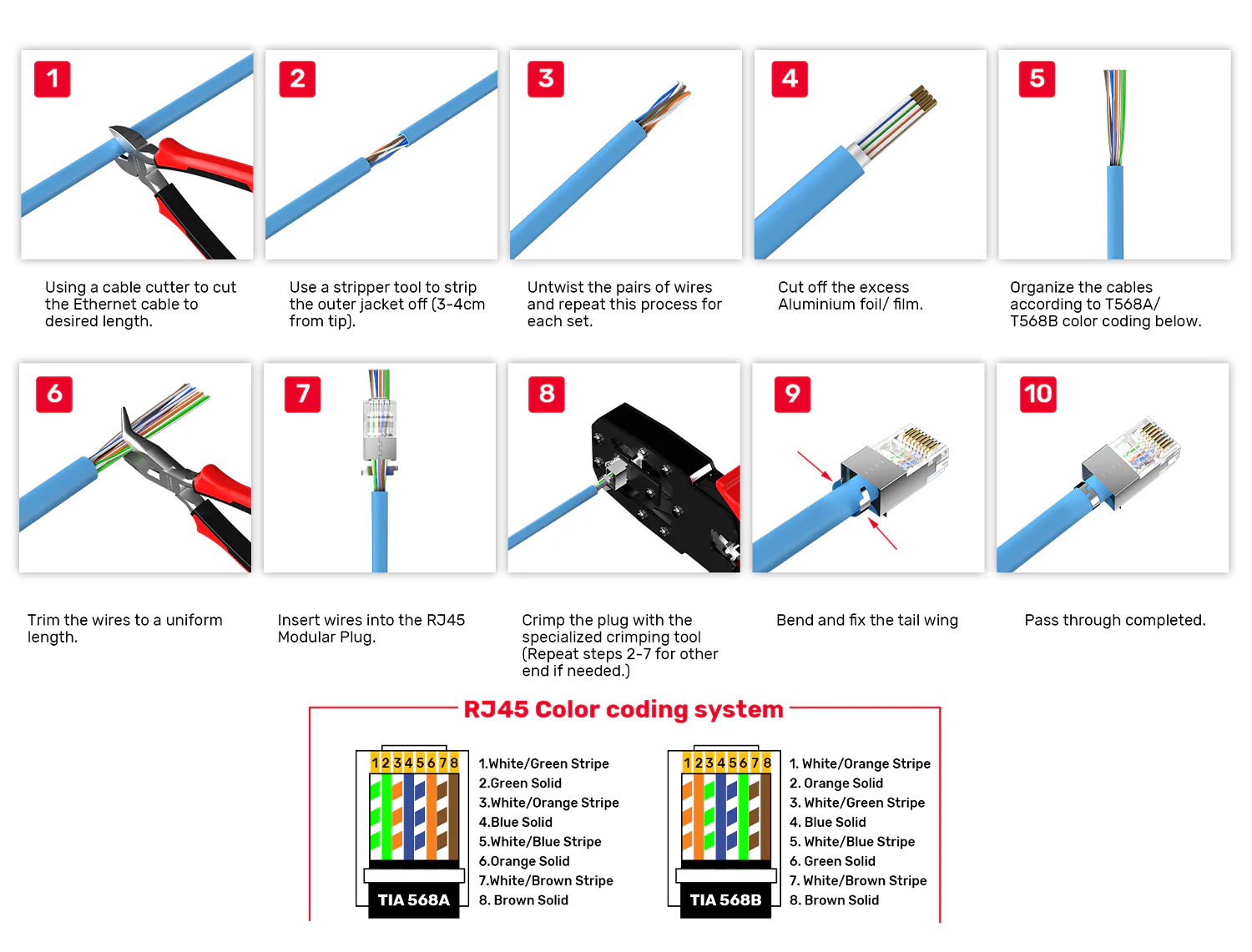 UNITEK RJ45 Cat.6 Pass-Through Connector (100 Pieces), Cat 6 Ethernet Modular Plug, Gold-Plated 3-Point Staggered Contacts