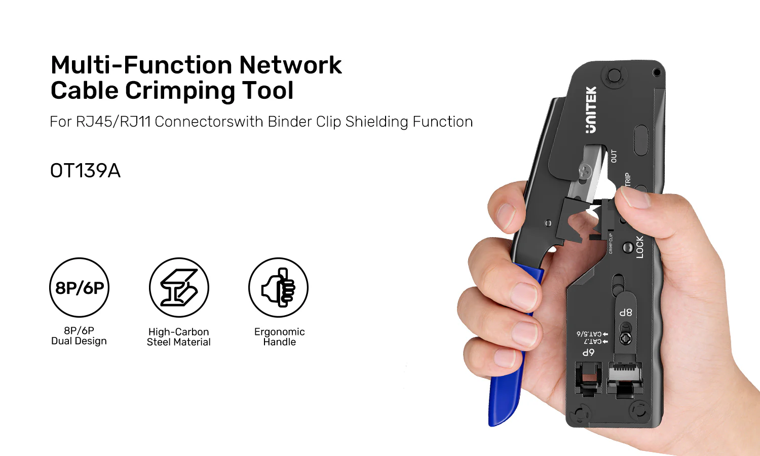 UNITEK Multi-Function Network Cable Crimping Tool, 8P/6P Crimper for RJ45 RJ11 Connectors, Cat7 Binder Clip Shielding