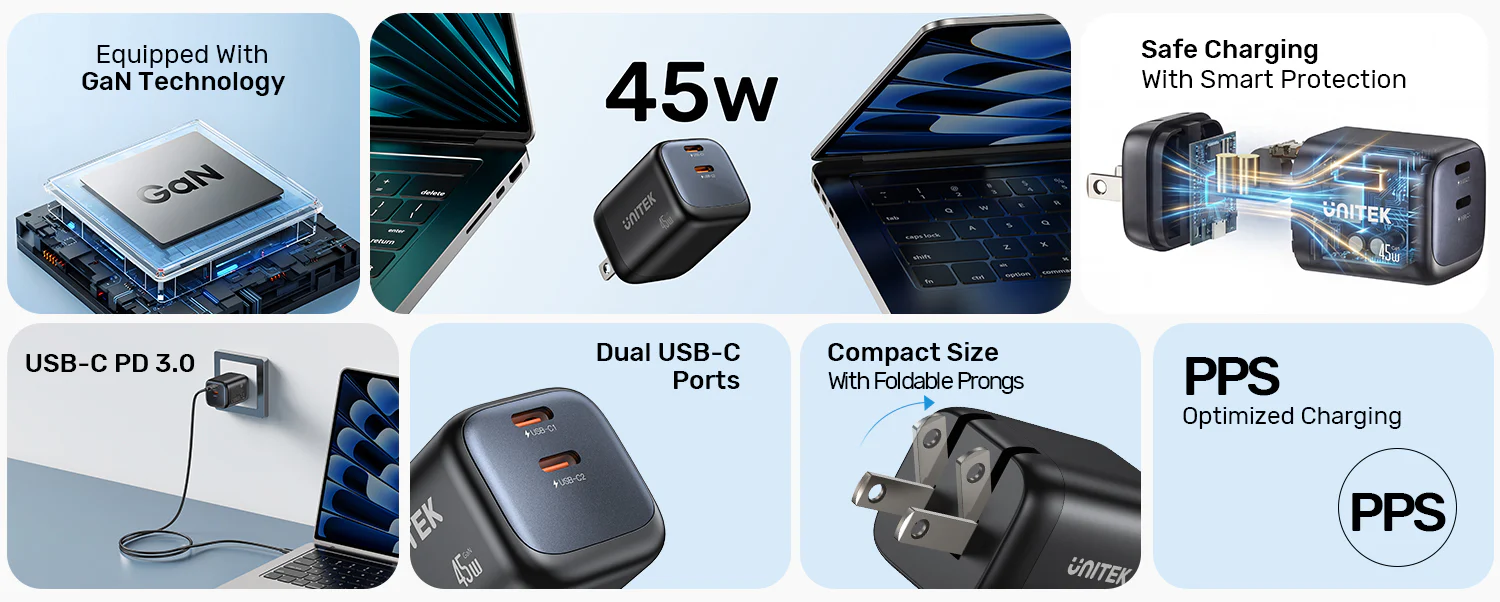UNITEK Zeno 45W GaN Wall Charger (EU Plug) PD3.0 QC4+ SFC2.0 PPS, Compatible with iPhone 17/16/15 Pro Max