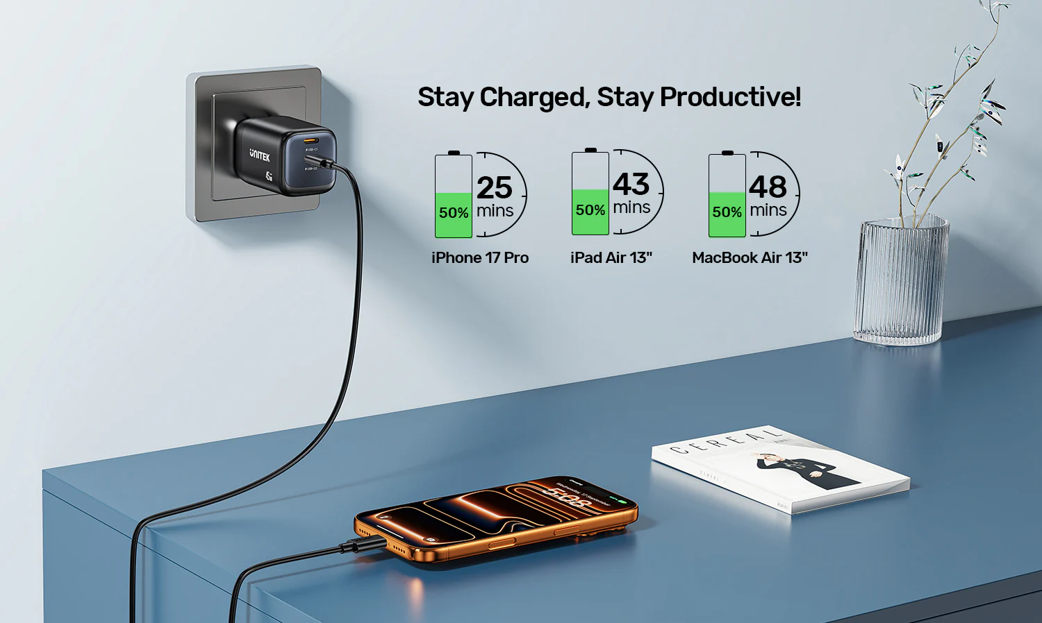 UNITEK Zeno 45W GaN Wall Charger (EU Plug) PD3.0 QC4+ SFC2.0 PPS, Compatible with iPhone 17/16/15 Pro Max