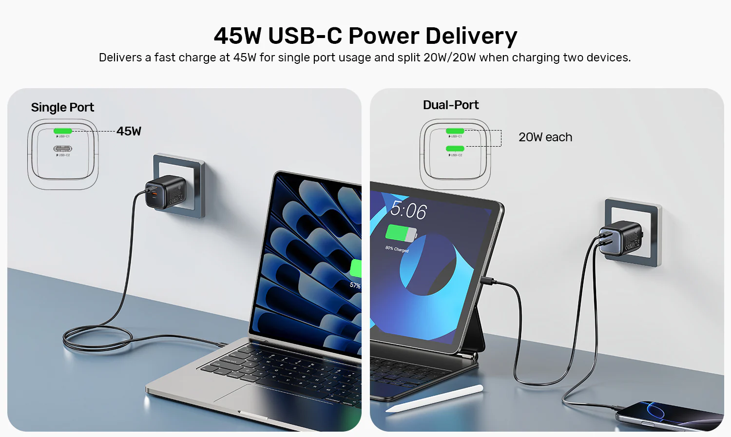 UNITEK Zeno 45W GaN Wall Charger (EU Plug) PD3.0 QC4+ SFC2.0 PPS, Compatible with iPhone 17/16/15 Pro Max