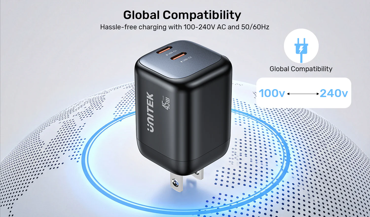 UNITEK Zeno 45W GaN Wall Charger (EU Plug) PD3.0 QC4+ SFC2.0 PPS, Compatible with iPhone 17/16/15 Pro Max