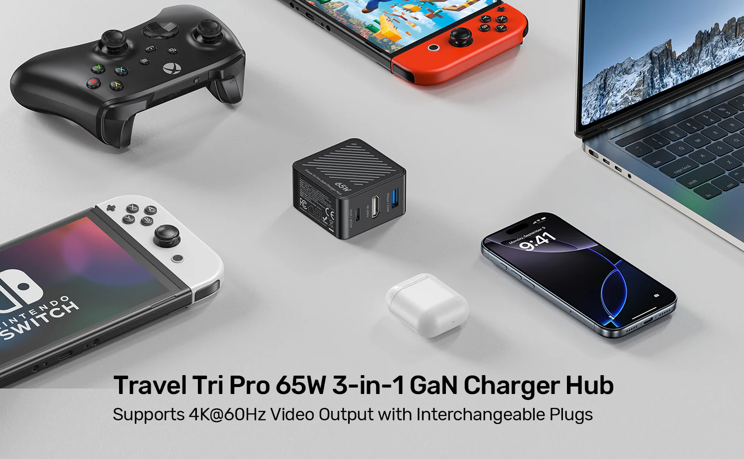 UNITEK Travel Tri Pro 65W 3-in-1 GaN Charger Hub (EU/US/UK/AU Plugs) GaN Fast Charging 60W USB-C + 5W USB-A + 4K@60Hz HDMI