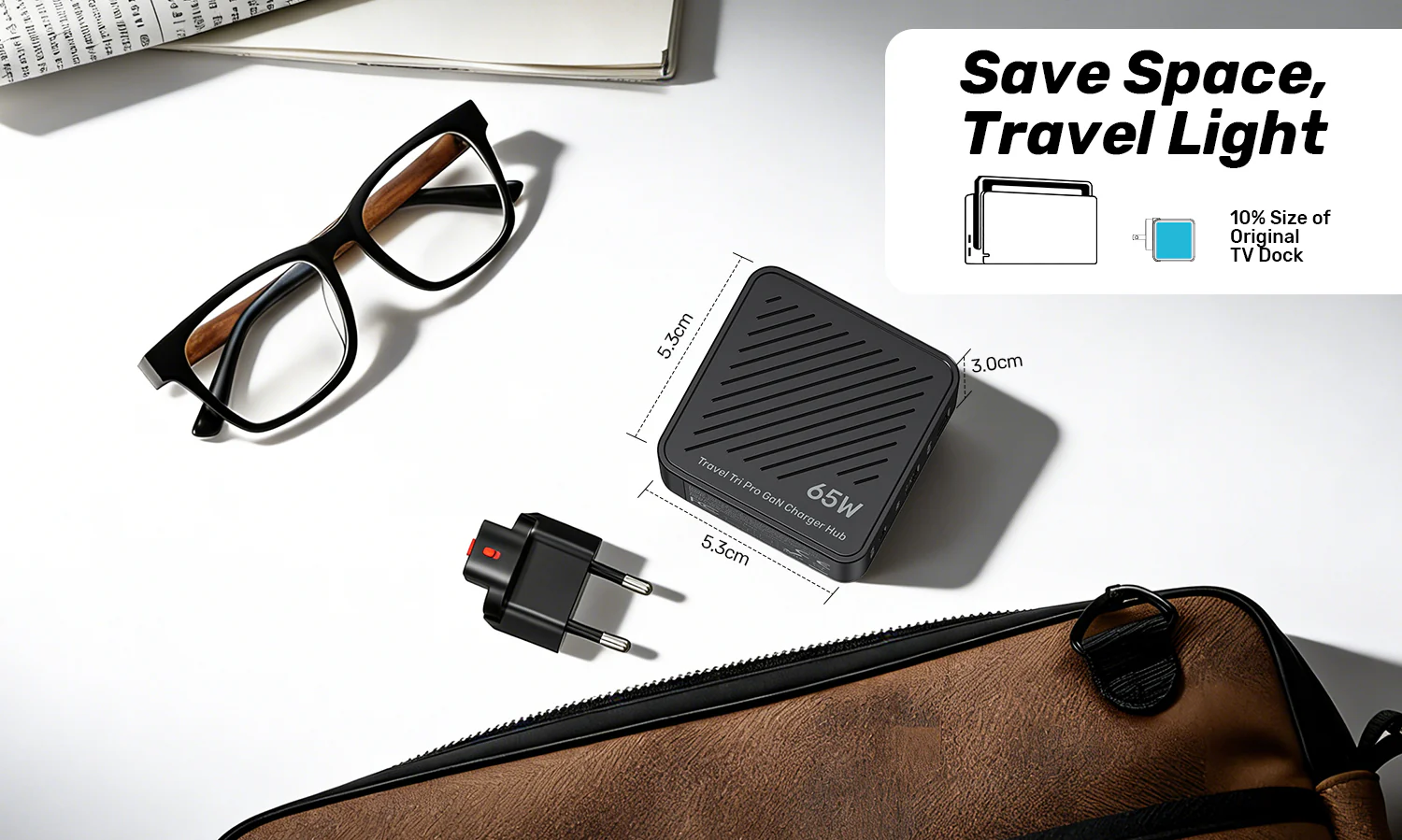 UNITEK Travel Tri Pro 65W 3-in-1 GaN Charger Hub (EU/US/UK/AU Plugs) GaN Fast Charging 60W USB-C + 5W USB-A + 4K@60Hz HDMI