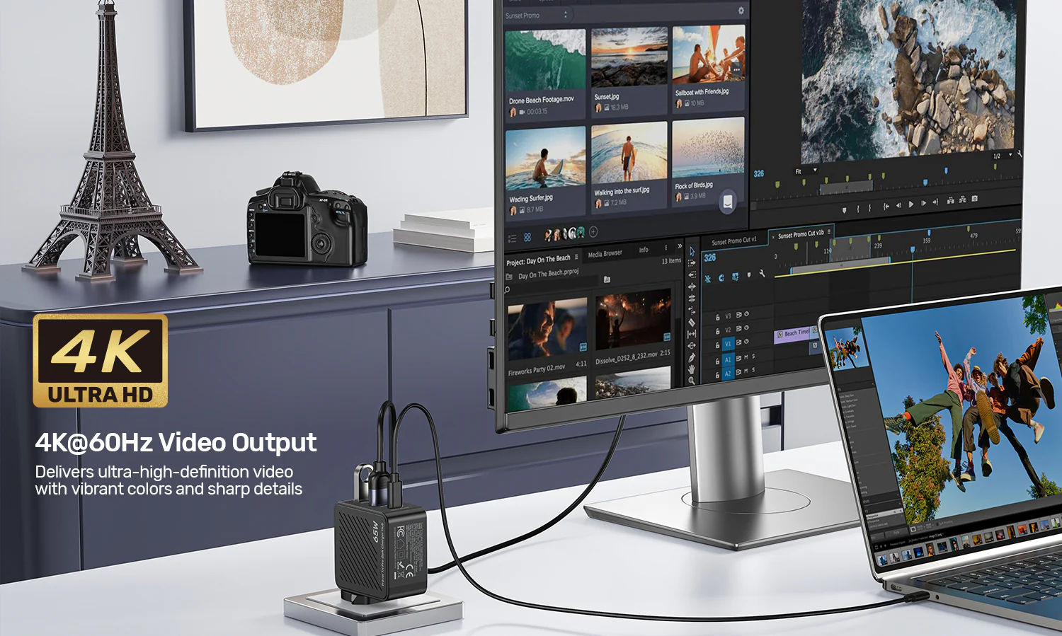 UNITEK Travel Tri Pro 65W 3-in-1 GaN Charger Hub (EU/US/UK/AU Plugs) GaN Fast Charging 60W USB-C + 5W USB-A + 4K@60Hz HDMI