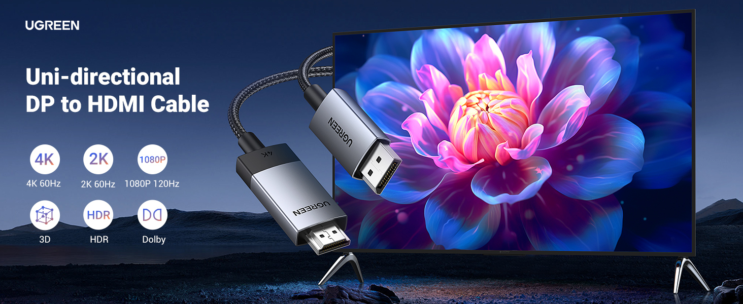 Buy UGREEN 15774 Active 4K@60Hz DisplayPort to HDMI Cable (2 Meter) DP 1.2 to HDMI 2.0 Aluminum Braided Uni-Directional Converter Cord for Gaming Monitors, Projectors, & Workstations Online in Pakistan - UGREEN PK