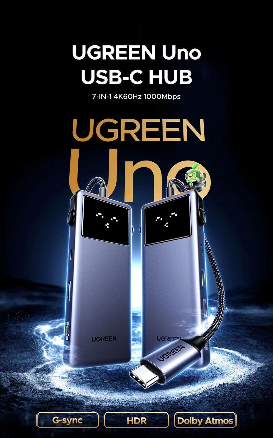 Buy UGREEN 45155 Uno 7-in-1 USB-C Hub 4K@60Hz HDMI, 100W PD Fast Charging, Gigabit Ethernet, 5Gbps USB-C & USB-A Expansion Dock with Smart Robotic Emoji LED Screen Online in Pakistan - UGREEN PK