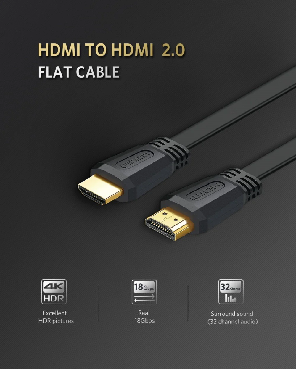 UGREEN 50821 Flat 4K HDMI Cable 5 Meter Gold Plated - UGREEN PK
