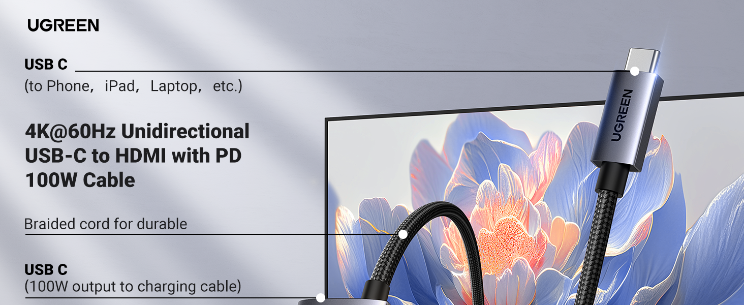 Buy UGREEN 55530 Unidirectional USB C to HDMI Cable 2 Meter with 100W PD Fast Charging 001 Online in Pakistan - UGREEN PK