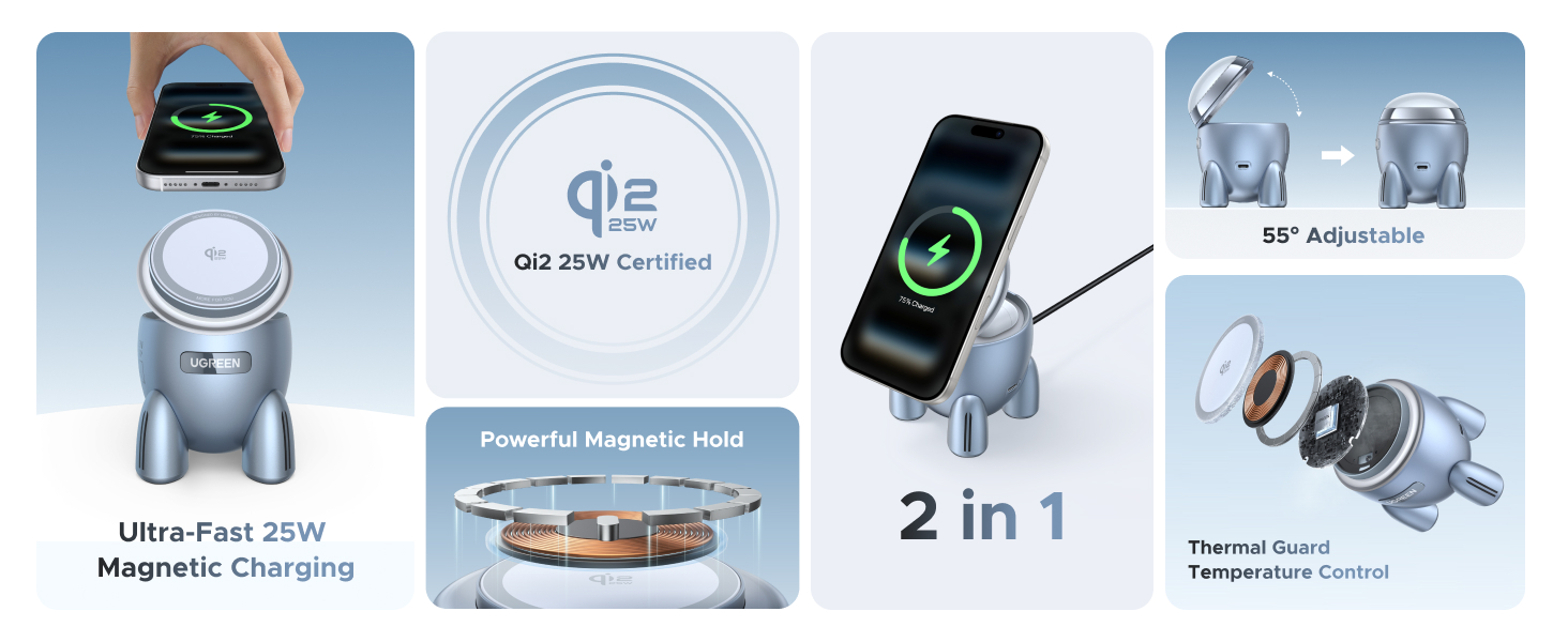 Buy UGREEN 65300 UNO Next-Gen 25W Qi2 Rocket Magnetic Wireless Charger, 2-in-1 MagSafe Fast Charging Station with Fun LED Lights and Magnetic Lid Online in Pakistan - UGREEN PK