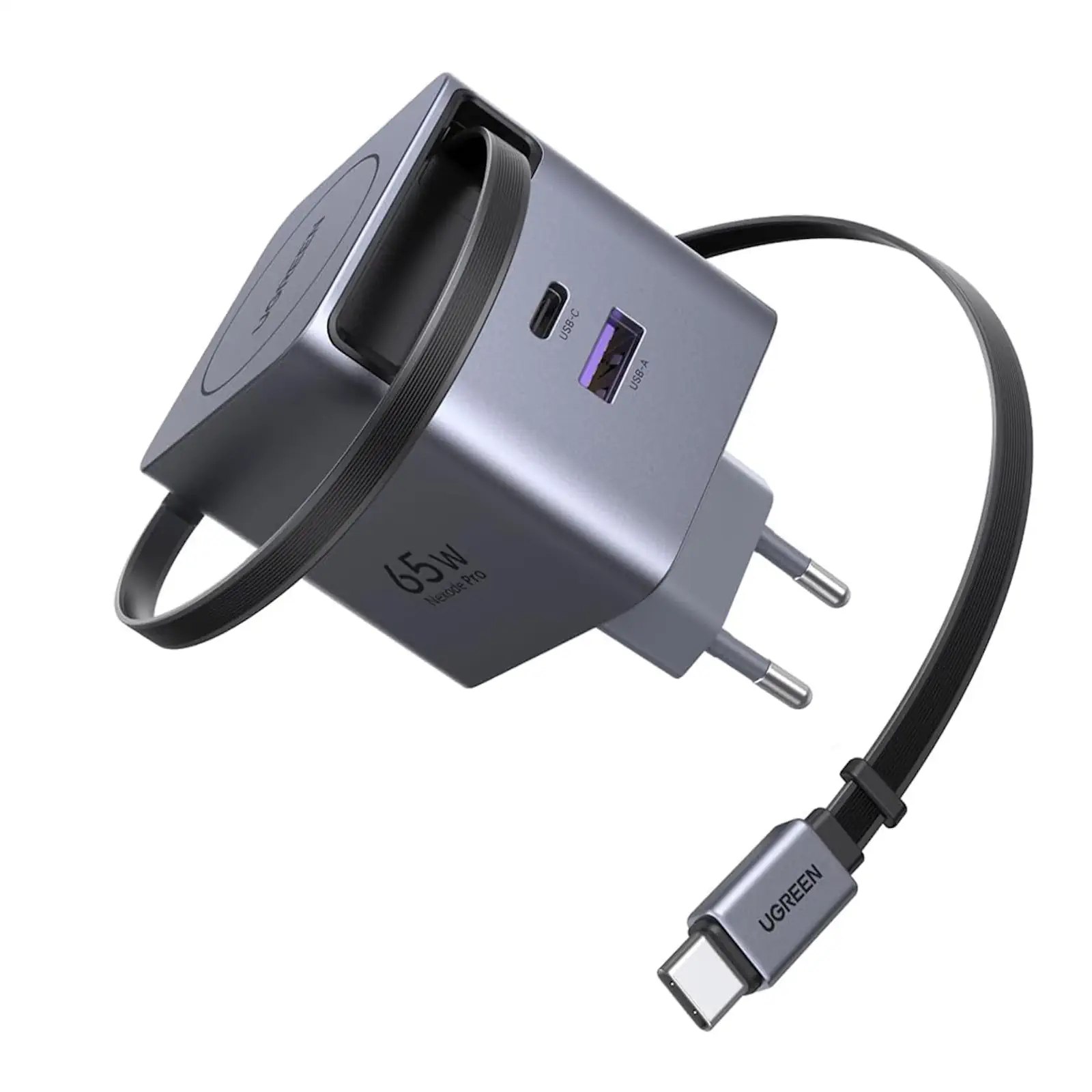 Buy UGREEN 65825 Nexode Pro 65W GaN Fast Charger with Retractable Cable (EU Plug) 2-Port USB C Wall Charger with Built-in USB C Cable Online in Pakistan - UGREEN PK