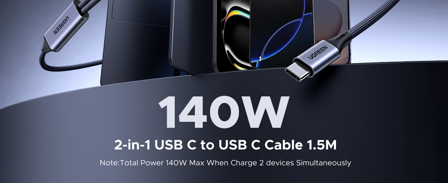 Buy UGREEN 75733 140W Dual USB-C to USB-C 2-in-1 Fast Charging Cable (2 Meter) 5A PD3.1 Heavy-Duty Nylon Braided Power Display & Intelligent Dual-Device Charger Splitter Cord for MacBooks, Laptops, iPhones, iPads, & Galaxy Series Online in Pakistan - UGREEN PK