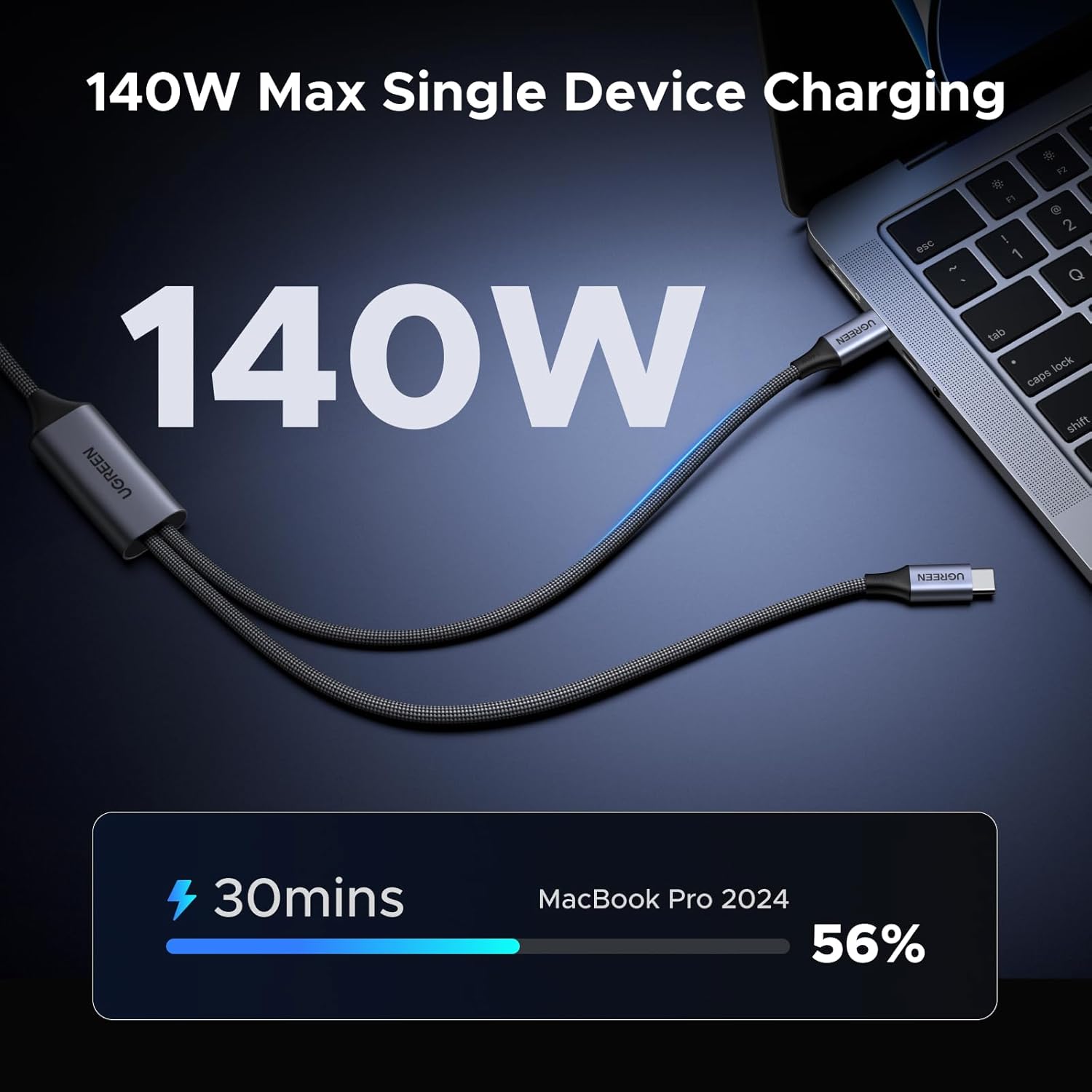 Buy UGREEN 75733 140W Dual USB-C to USB-C 2-in-1 Fast Charging Cable (2 Meter) 5A PD3.1 Heavy-Duty Nylon Braided Power Display & Intelligent Dual-Device Charger Splitter Cord for MacBooks, Laptops, iPhones, iPads, & Galaxy Series Online in Pakistan - UGREEN PK